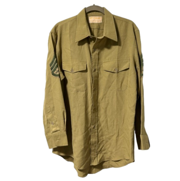 Vintage U.S.‎ Marines USMC Khaki Uniform Long Sleeve Shirt Size Large Poly/Wool - Picture 1 of 14